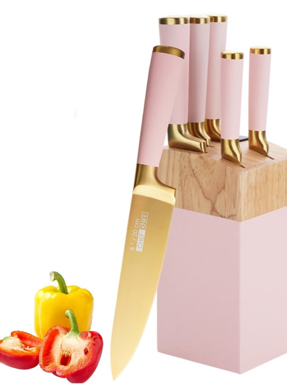 Pink & Gold 6-Piece Knife Set with Wooden Block